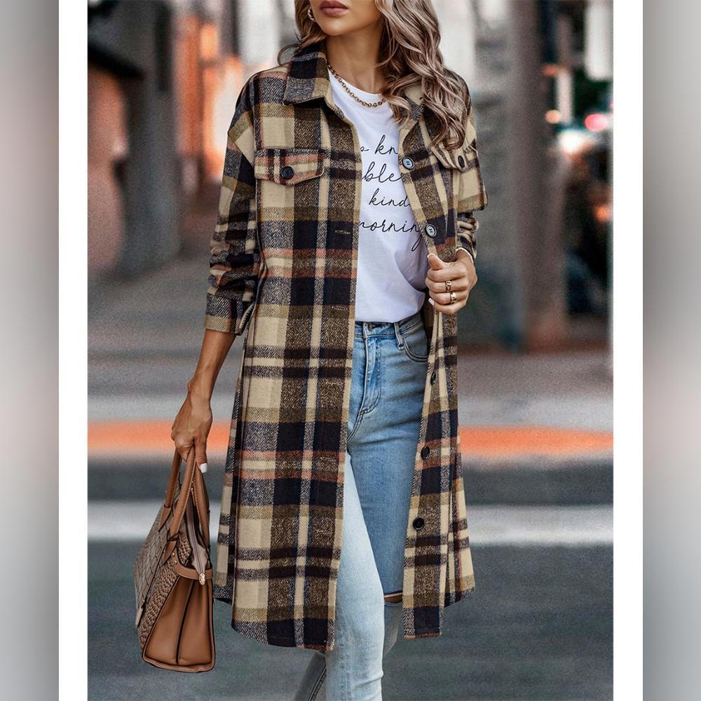 Casual Button Flap Pocket Plaid Overshirt Khaki Warm Coat (It Runs Big) - Picture 4 of 6